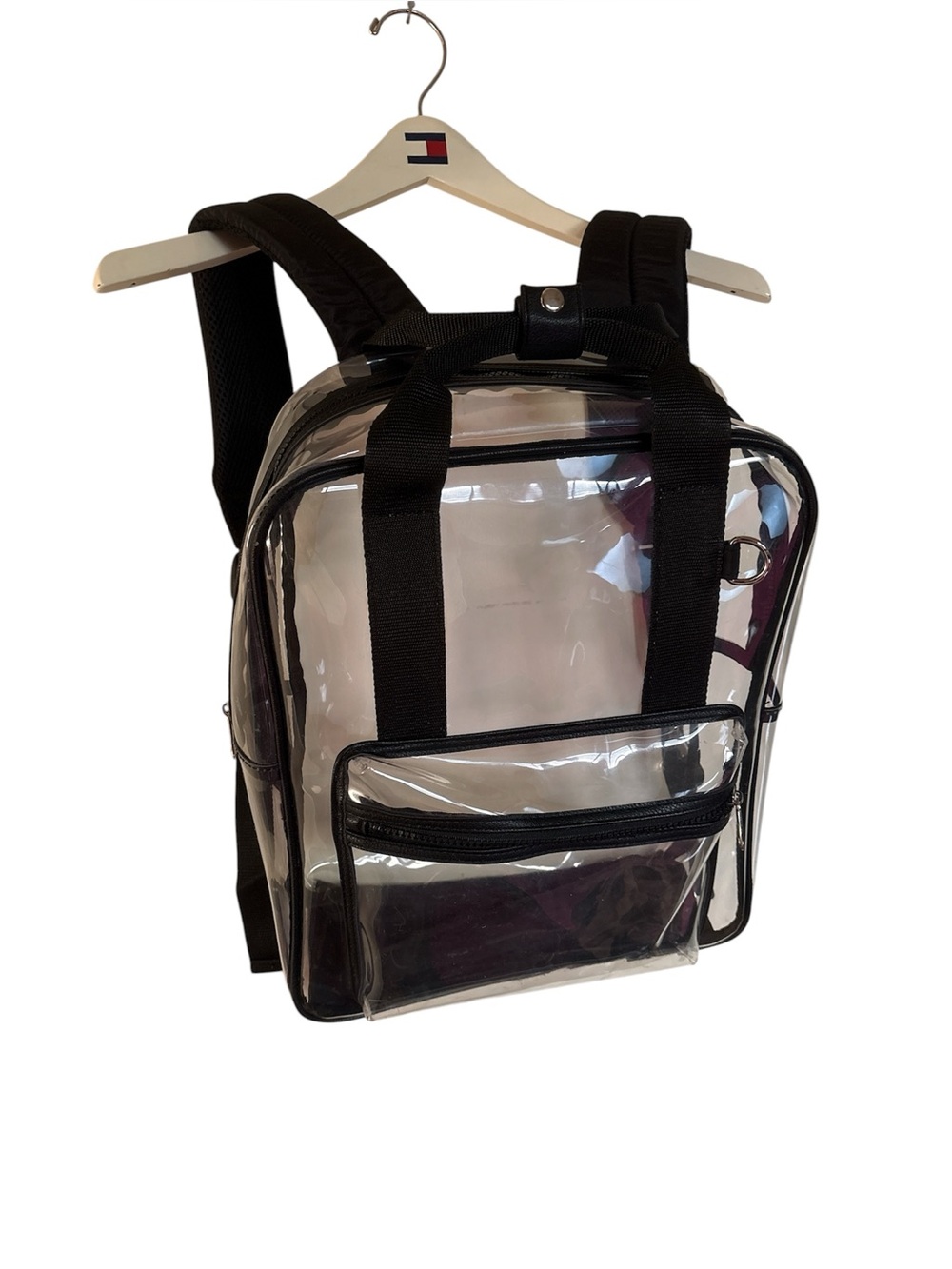 Clear plastic backpack book bag black adjustable straps tote